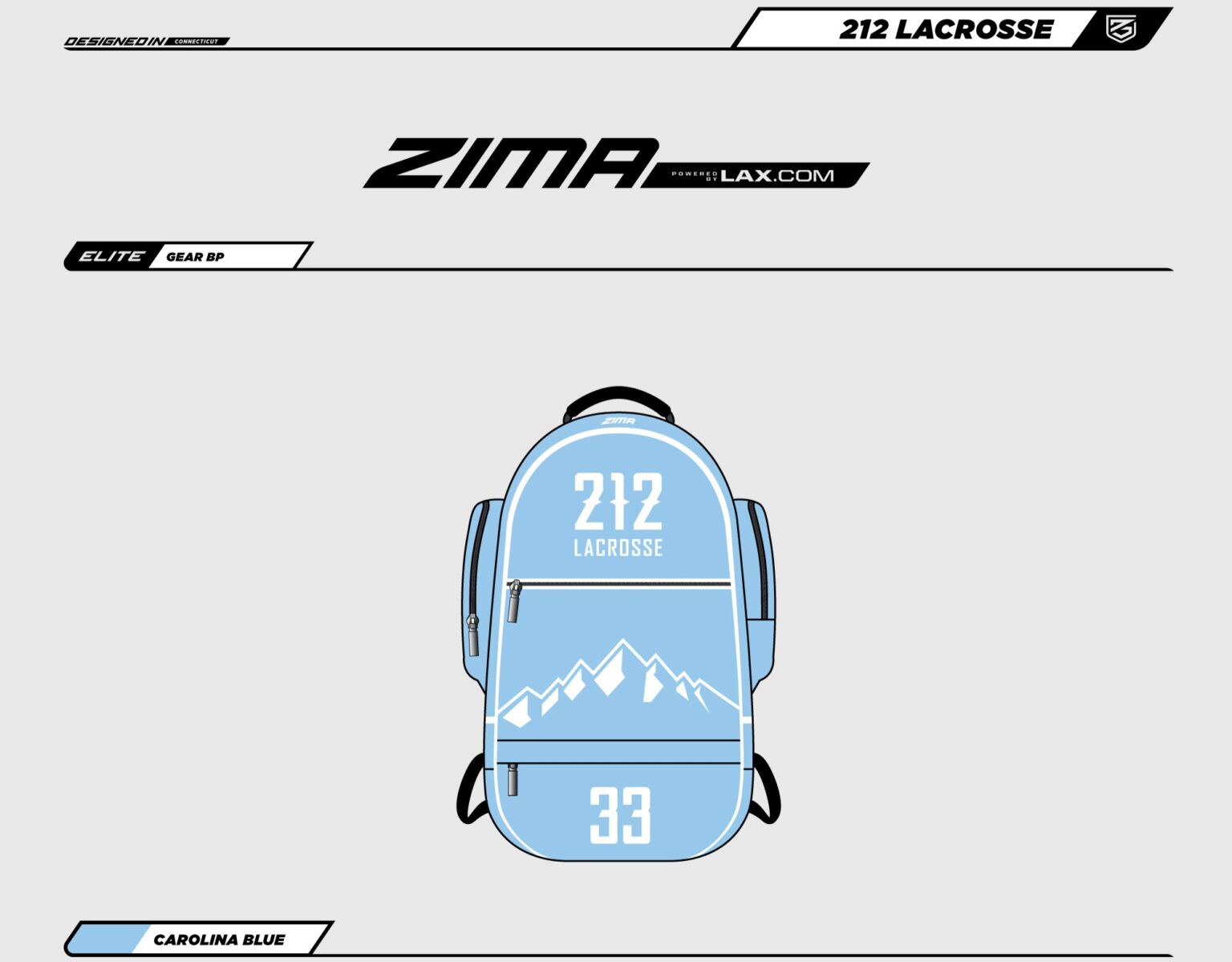 ZIMA Elite Gear BP backpack in Carolina blue with 212 Lacrosse mountain logo