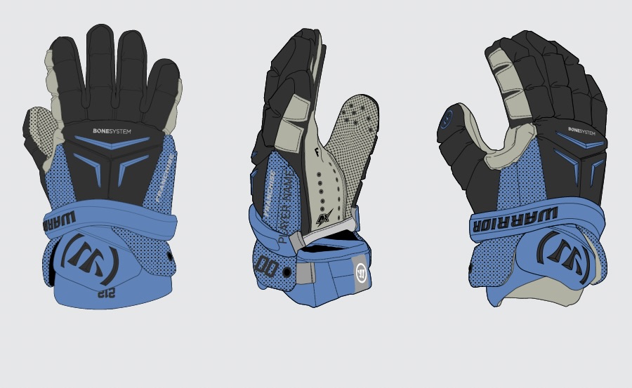 Warrior Bonesystem 212 lacrosse gloves in Carolina blue and black
