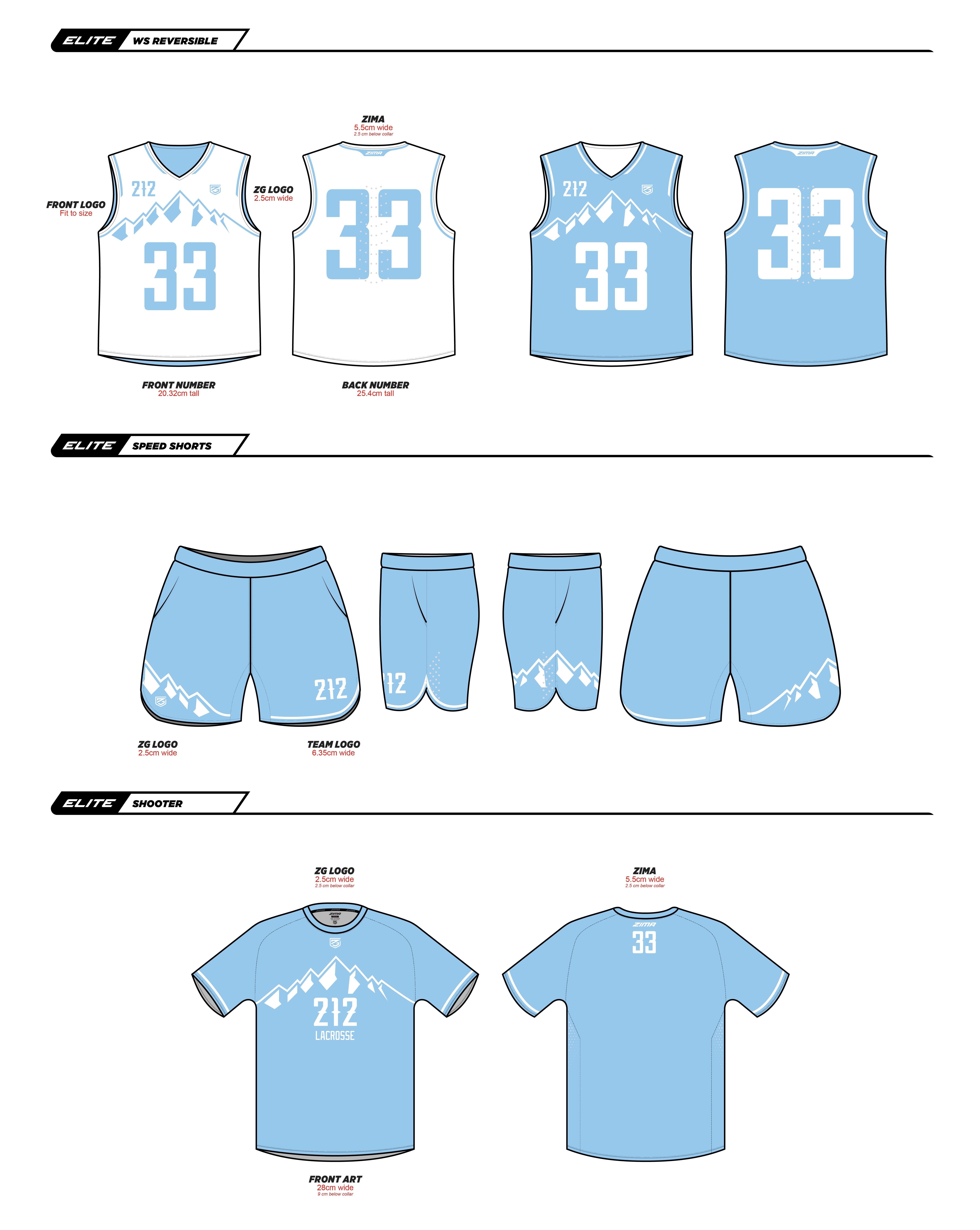 212 Lacrosse reversible jersey, speed shorts, and shooter shirt in Carolina blue and white